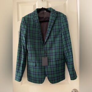 NWT ASOS Super Skinny Green & Blue Plaid Blackwatch Suit Blazer Jacket, 38